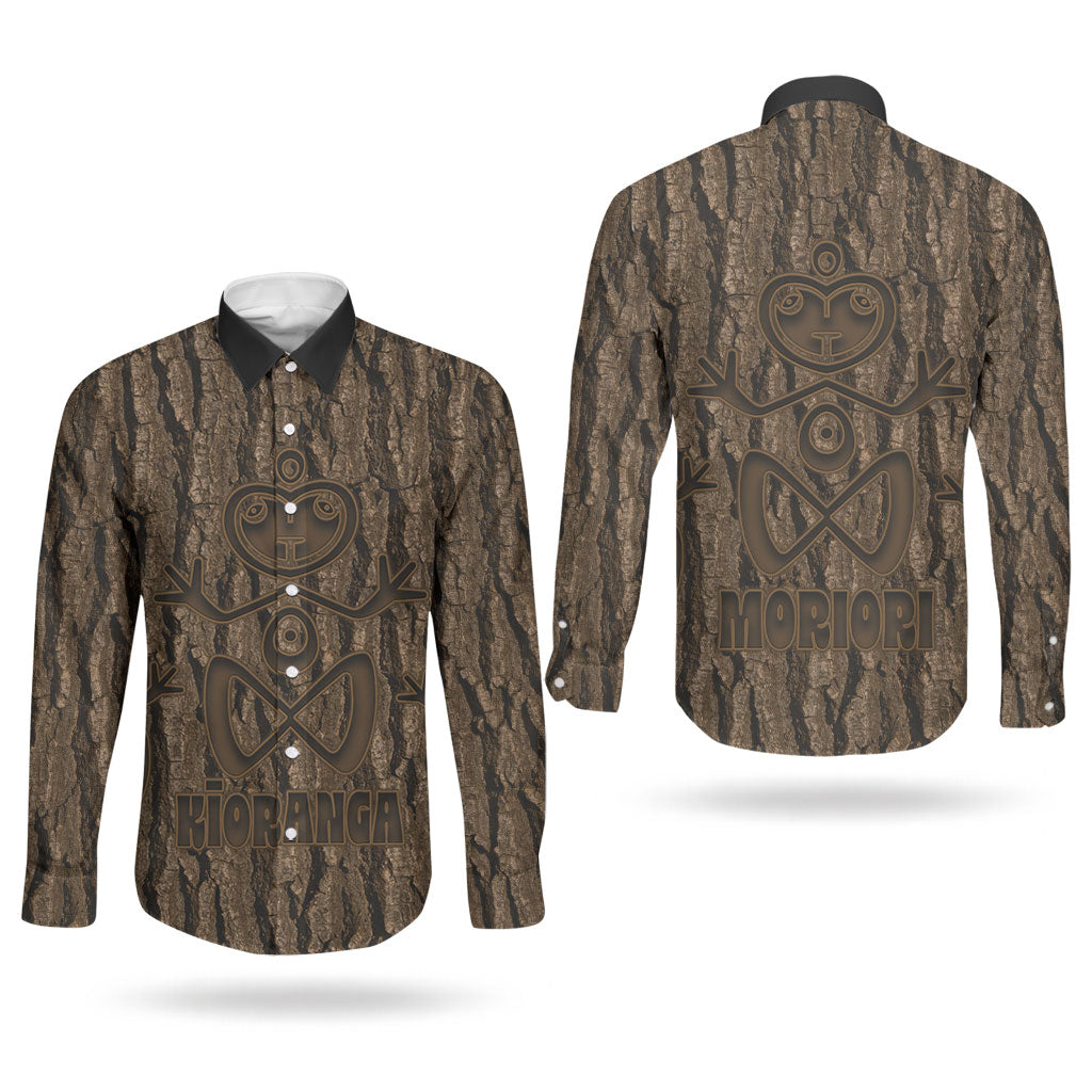 Kioranga Moriori New Zealand Couples Matching Off The Shoulder Long Sleeve Dress and Long Sleeve Button Shirt Kopi Rakau Carving Art