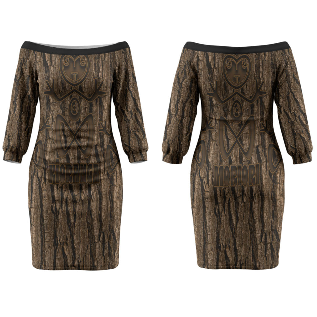 Kioranga Moriori New Zealand Couples Matching Off The Shoulder Long Sleeve Dress and Long Sleeve Button Shirt Kopi Rakau Carving Art