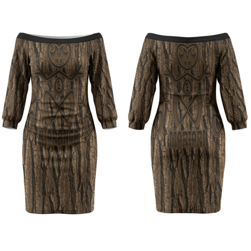 Kioranga Moriori New Zealand Couples Matching Off The Shoulder Long Sleeve Dress and Long Sleeve Button Shirt Kopi Rakau Carving Art