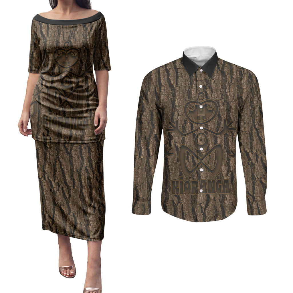 Kioranga Moriori New Zealand Couples Matching Puletasi and Long Sleeve Button Shirt Kopi Rakau Carving Art