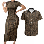 Kioranga Moriori New Zealand Couples Matching Short Sleeve Bodycon Dress and Hawaiian Shirt Kopi Rakau Carving Art