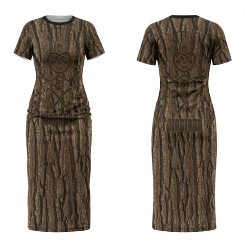 Kioranga Moriori New Zealand Couples Matching Short Sleeve Bodycon Dress and Hawaiian Shirt Kopi Rakau Carving Art