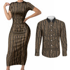 Kioranga Moriori New Zealand Couples Matching Short Sleeve Bodycon Dress and Long Sleeve Button Shirt Kopi Rakau Carving Art