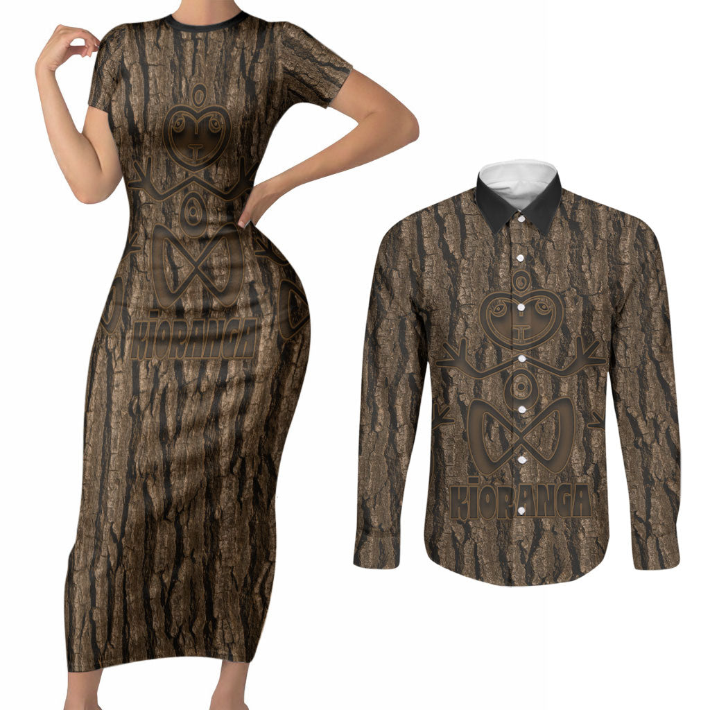 Kioranga Moriori New Zealand Couples Matching Short Sleeve Bodycon Dress and Long Sleeve Button Shirt Kopi Rakau Carving Art