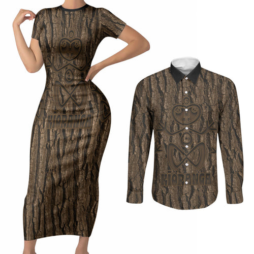 Kioranga Moriori New Zealand Couples Matching Short Sleeve Bodycon Dress and Long Sleeve Button Shirt Kopi Rakau Carving Art