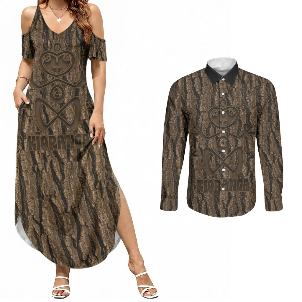 Kioranga Moriori New Zealand Couples Matching Summer Maxi Dress and Long Sleeve Button Shirt Kopi Rakau Carving Art