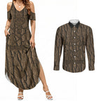 Kioranga Moriori New Zealand Couples Matching Summer Maxi Dress and Long Sleeve Button Shirt Kopi Rakau Carving Art