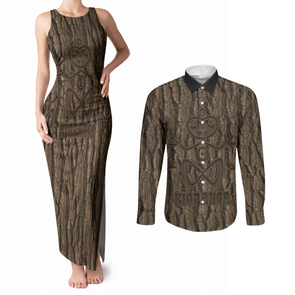 Kioranga Moriori New Zealand Couples Matching Tank Maxi Dress and Long Sleeve Button Shirt Kopi Rakau Carving Art