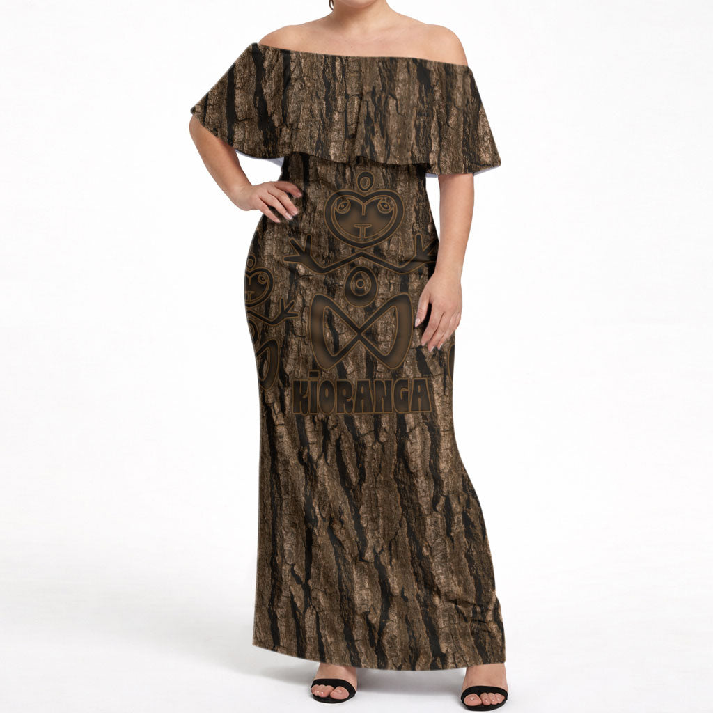 Kioranga Moriori New Zealand Off Shoulder Maxi Dress Kopi Rakau Carving Art