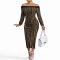 Kioranga Moriori New Zealand Off The Shoulder Long Sleeve Dress Kopi Rakau Carving Art