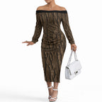 Kioranga Moriori New Zealand Off The Shoulder Long Sleeve Dress Kopi Rakau Carving Art