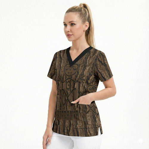 Kioranga Moriori New Zealand Scrub Top Kopi Rakau Carving Art