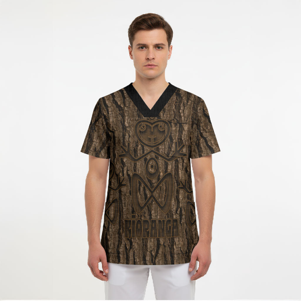 Kioranga Moriori New Zealand Scrub Top Kopi Rakau Carving Art