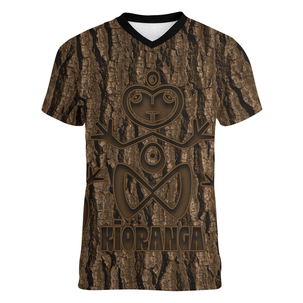 Kioranga Moriori New Zealand Women V-Neck T-Shirt Kopi Rakau Carving Art