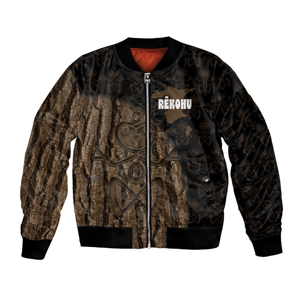 Moriori Kekoru New Zealand Personalised Bomber Jacket Kopi Rakau Carving Chatham Islands Map
