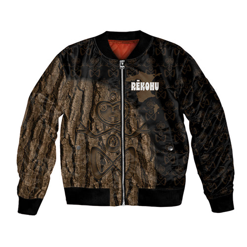 Moriori Kekoru New Zealand Personalised Bomber Jacket Kopi Rakau Carving Chatham Islands Map