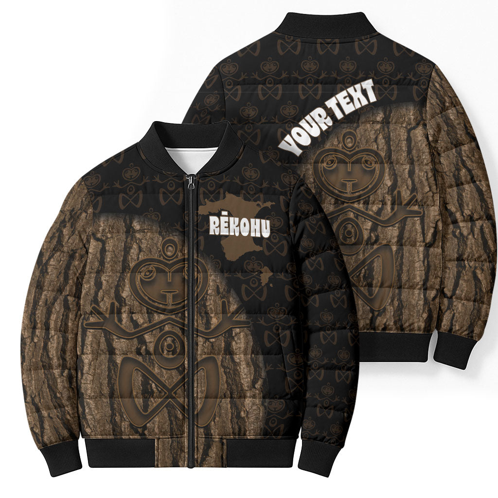 Moriori Kekoru New Zealand Personalised Bomber Puffer Jacket Kopi Rakau Carving Chatham Islands Map