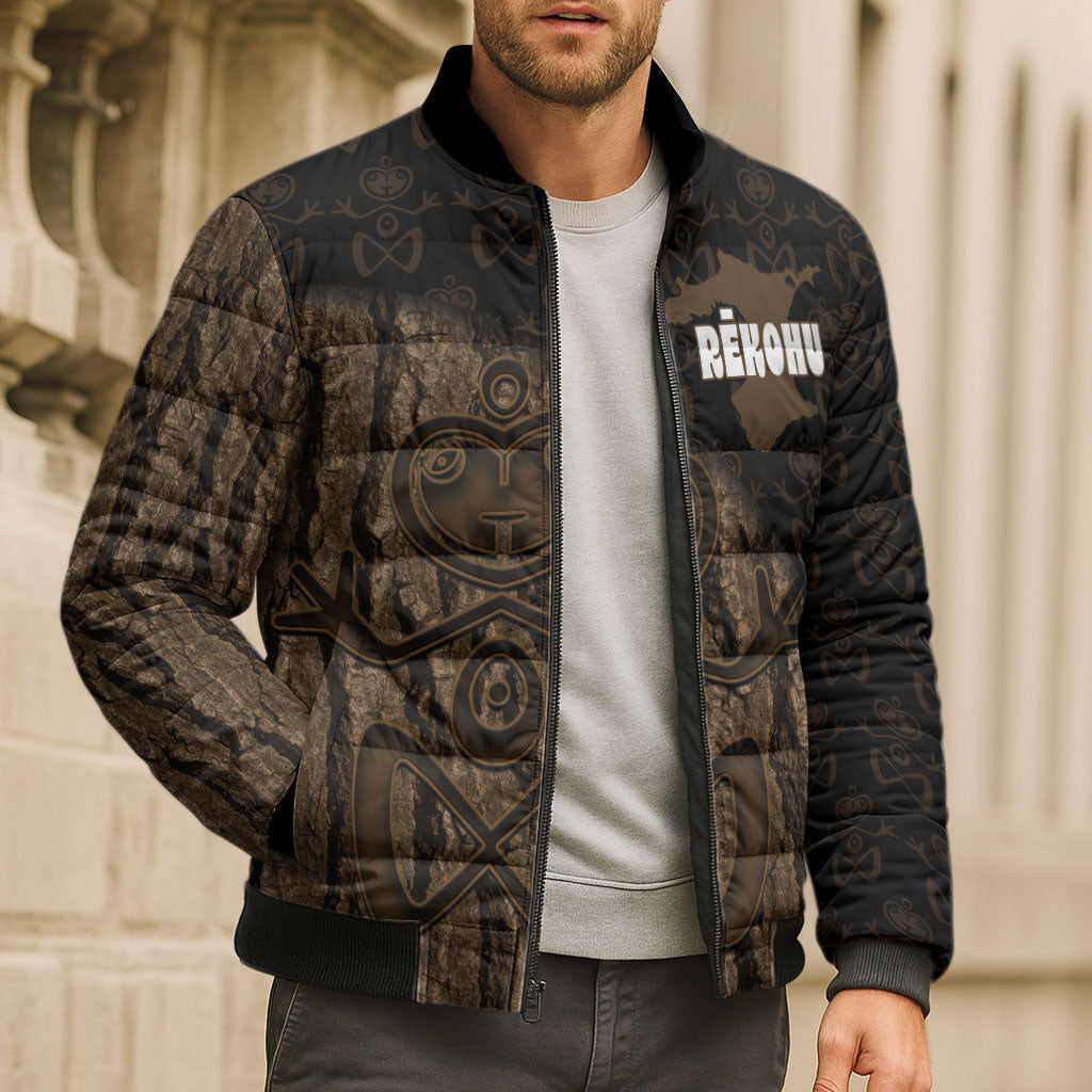 Moriori Kekoru New Zealand Personalised Bomber Puffer Jacket Kopi Rakau Carving Chatham Islands Map
