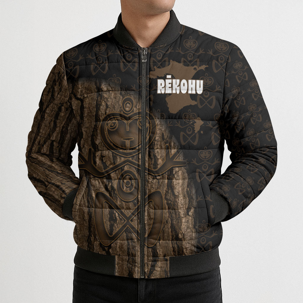 Moriori Kekoru New Zealand Personalised Bomber Puffer Jacket Kopi Rakau Carving Chatham Islands Map