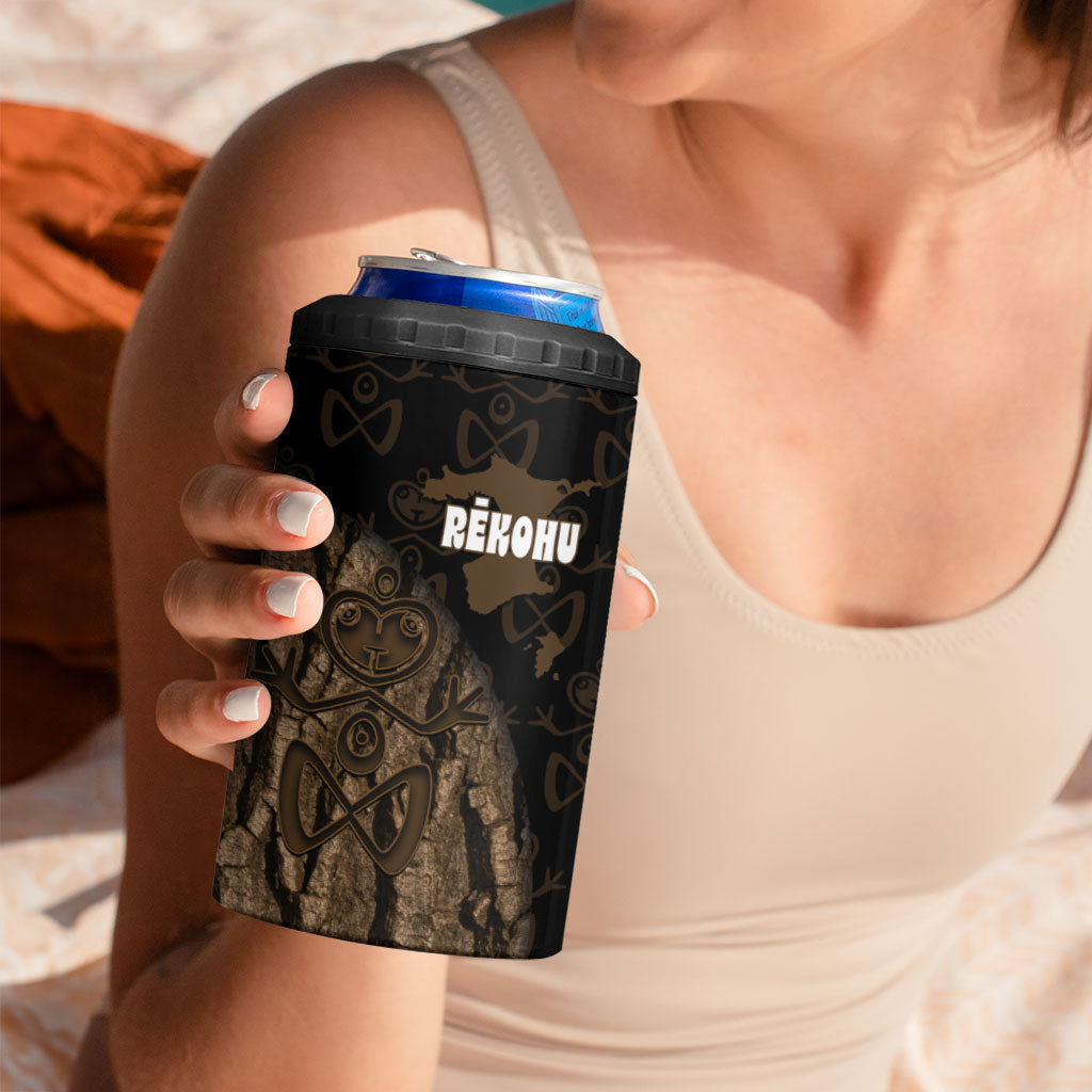 Moriori Kekoru New Zealand Personalised 4 in 1 Can Cooler Tumbler Kopi Rakau Carving Chatham Islands Map
