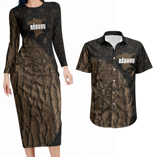 Moriori Kekoru New Zealand Personalised Couples Matching Long Sleeve Bodycon Dress and Hawaiian Shirt Kopi Rakau Carving Chatham Islands Map
