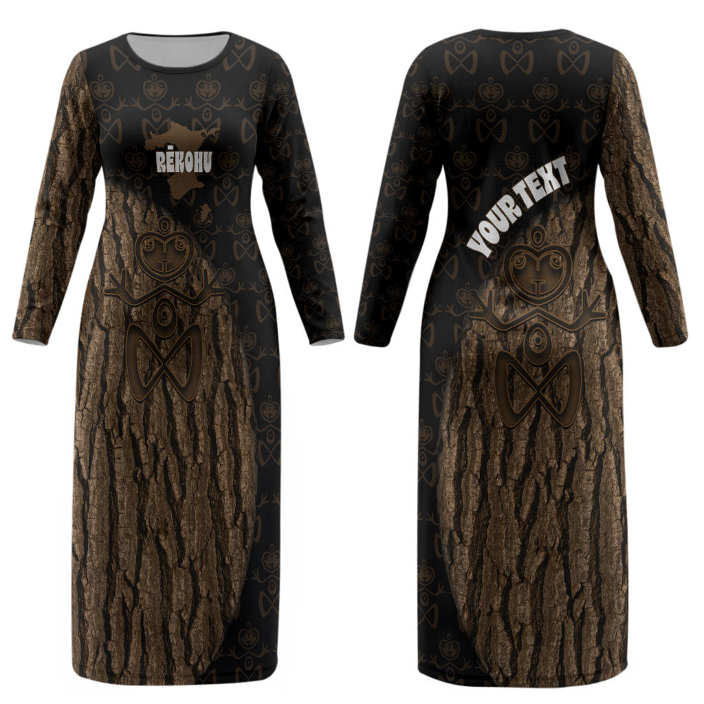 Moriori Kekoru New Zealand Personalised Couples Matching Long Sleeve Bodycon Dress and Hawaiian Shirt Kopi Rakau Carving Chatham Islands Map