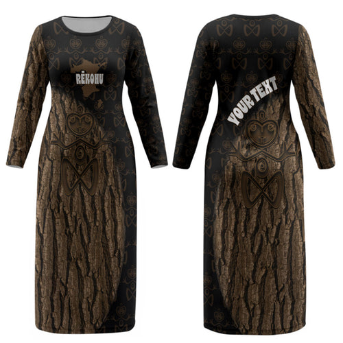 Moriori Kekoru New Zealand Personalised Couples Matching Long Sleeve Bodycon Dress and Hawaiian Shirt Kopi Rakau Carving Chatham Islands Map