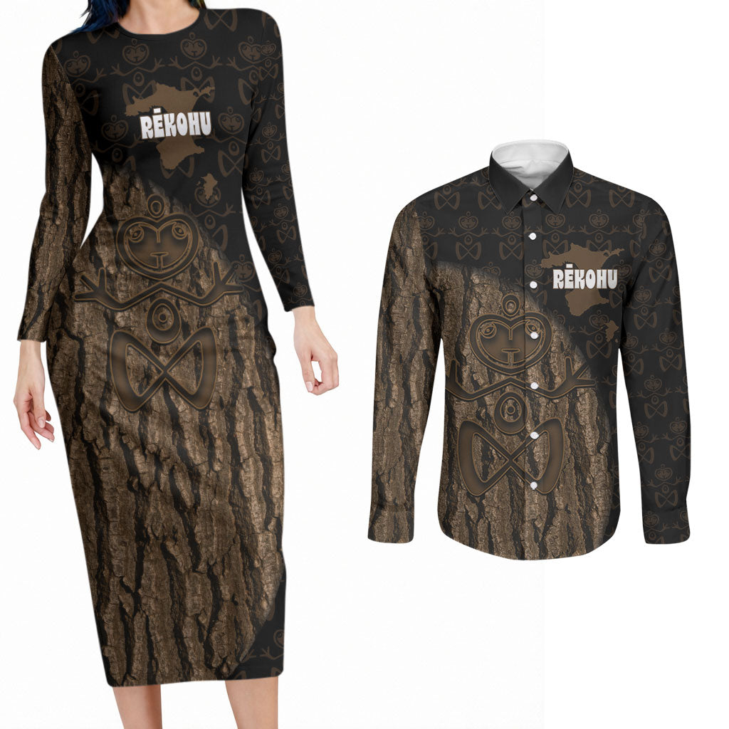 Moriori Kekoru New Zealand Personalised Couples Matching Long Sleeve Bodycon Dress and Long Sleeve Button Shirt Kopi Rakau Carving Chatham Islands Map