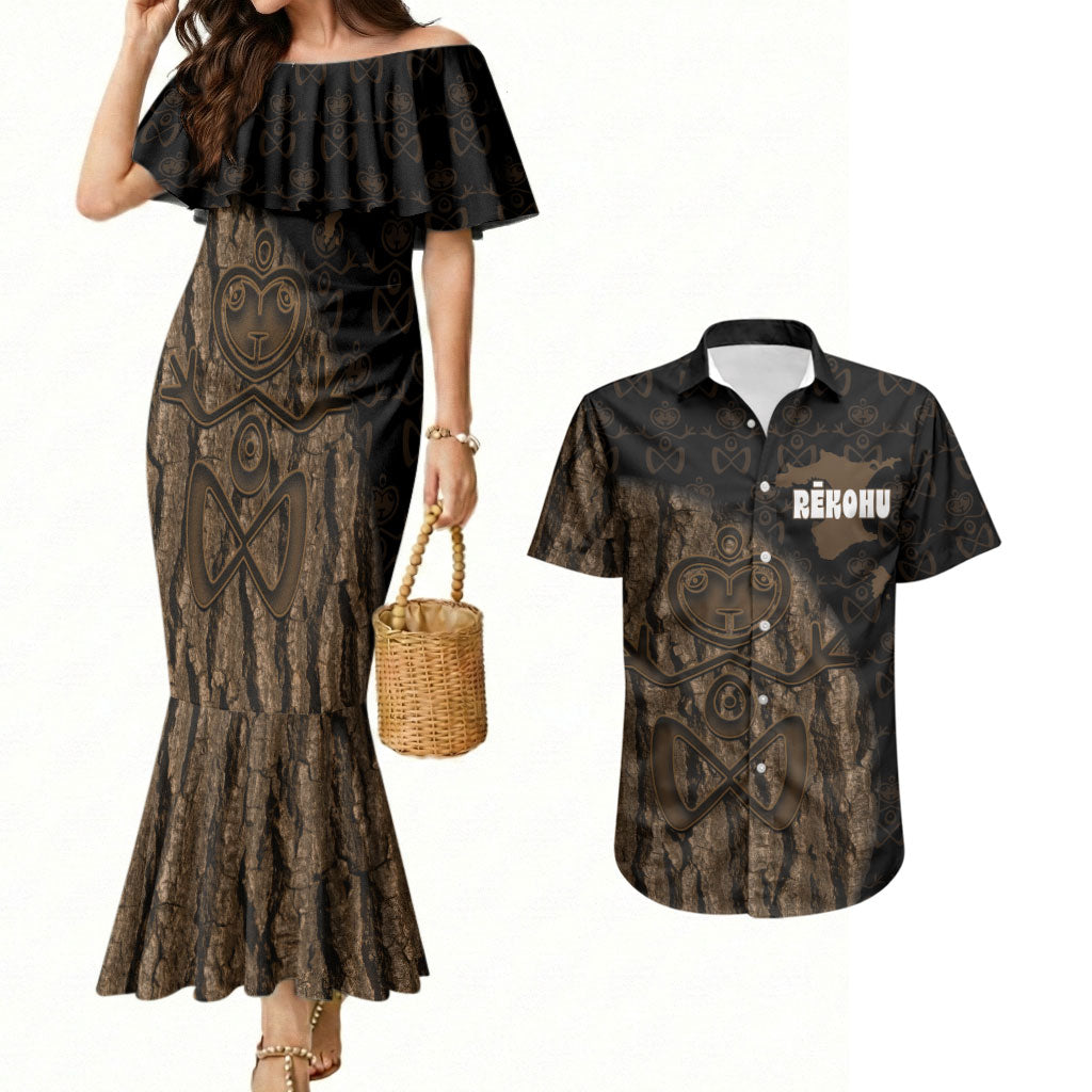 Moriori Kekoru New Zealand Personalised Couples Matching Mermaid Dress and Hawaiian Shirt Kopi Rakau Carving Chatham Islands Map