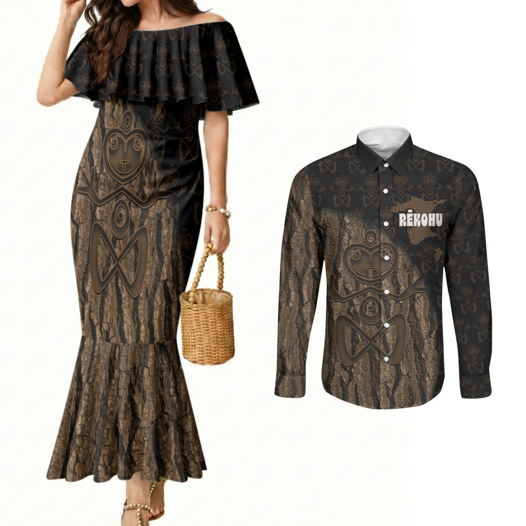 Moriori Kekoru New Zealand Personalised Couples Matching Mermaid Dress and Long Sleeve Button Shirt Kopi Rakau Carving Chatham Islands Map
