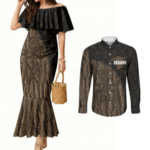 Moriori Kekoru New Zealand Personalised Couples Matching Mermaid Dress and Long Sleeve Button Shirt Kopi Rakau Carving Chatham Islands Map