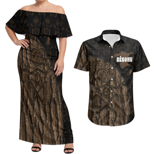 Moriori Kekoru New Zealand Personalised Couples Matching Off Shoulder Maxi Dress and Hawaiian Shirt Kopi Rakau Carving Chatham Islands Map