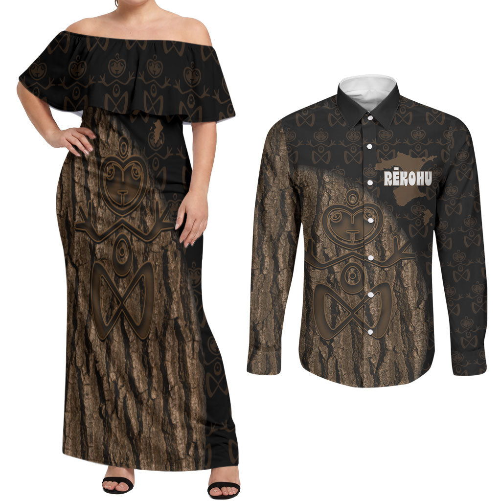Moriori Kekoru New Zealand Personalised Couples Matching Off Shoulder Maxi Dress and Long Sleeve Button Shirt Kopi Rakau Carving Chatham Islands Map