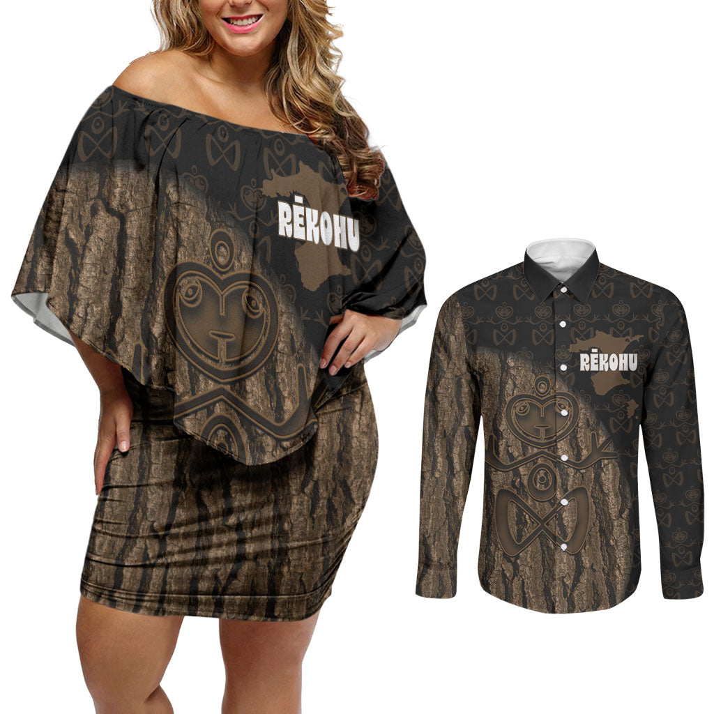 Moriori Kekoru New Zealand Personalised Couples Matching Off Shoulder Short Dress and Long Sleeve Button Shirt Kopi Rakau Carving Chatham Islands Map