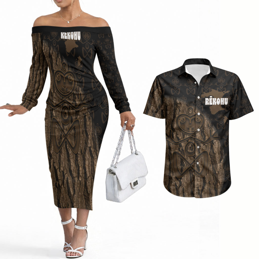 Moriori Kekoru New Zealand Personalised Couples Matching Off The Shoulder Long Sleeve Dress and Hawaiian Shirt Kopi Rakau Carving Chatham Islands Map