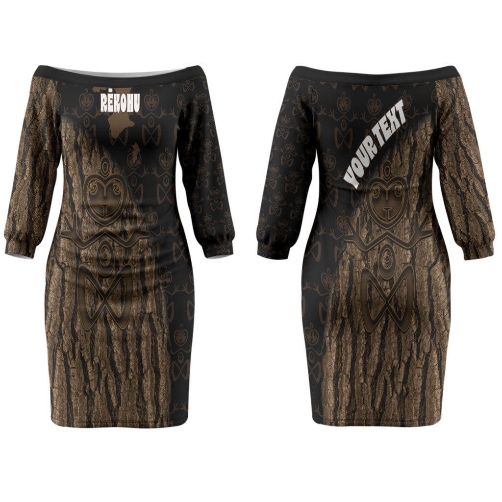 Moriori Kekoru New Zealand Personalised Couples Matching Off The Shoulder Long Sleeve Dress and Hawaiian Shirt Kopi Rakau Carving Chatham Islands Map