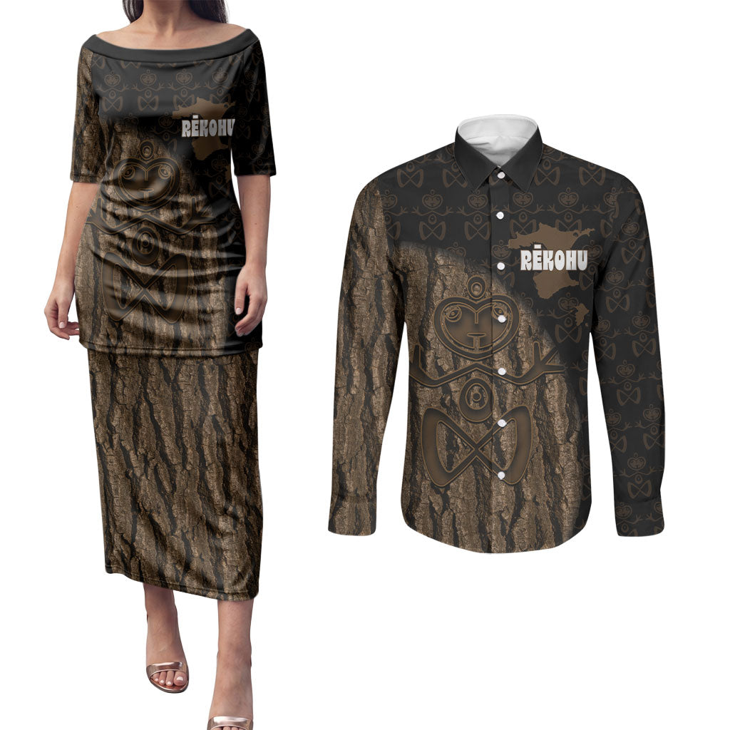 Moriori Kekoru New Zealand Personalised Couples Matching Puletasi and Long Sleeve Button Shirt Kopi Rakau Carving Chatham Islands Map