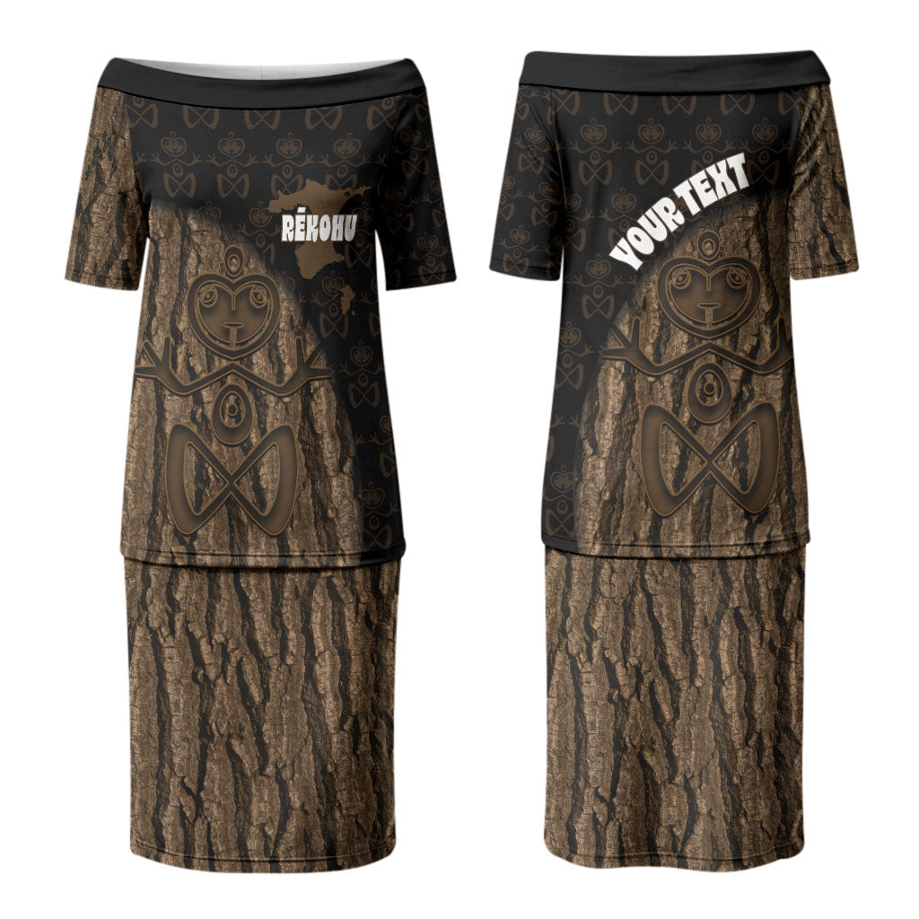 Moriori Kekoru New Zealand Personalised Couples Matching Puletasi and Long Sleeve Button Shirt Kopi Rakau Carving Chatham Islands Map