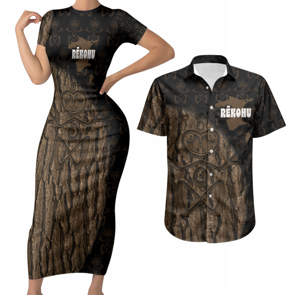 Moriori Kekoru New Zealand Personalised Couples Matching Short Sleeve Bodycon Dress and Hawaiian Shirt Kopi Rakau Carving Chatham Islands Map