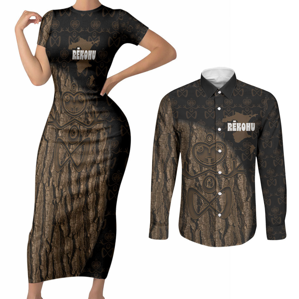 Moriori Kekoru New Zealand Personalised Couples Matching Short Sleeve Bodycon Dress and Long Sleeve Button Shirt Kopi Rakau Carving Chatham Islands Map