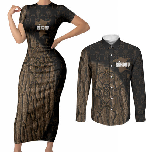 Moriori Kekoru New Zealand Personalised Couples Matching Short Sleeve Bodycon Dress and Long Sleeve Button Shirt Kopi Rakau Carving Chatham Islands Map
