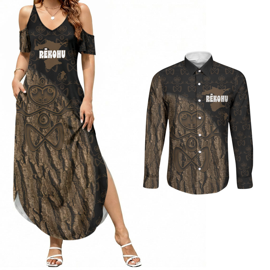 Moriori Kekoru New Zealand Personalised Couples Matching Summer Maxi Dress and Long Sleeve Button Shirt Kopi Rakau Carving Chatham Islands Map