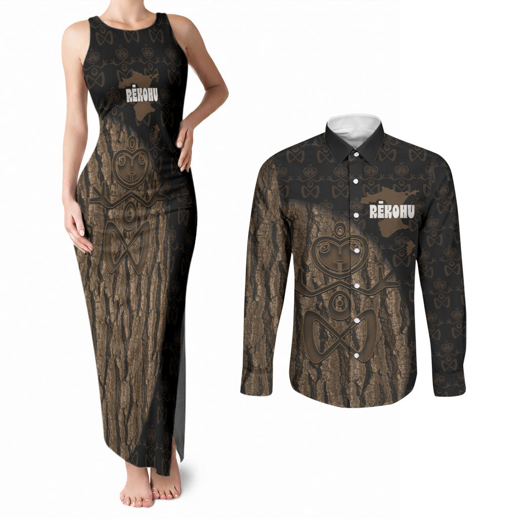 Moriori Kekoru New Zealand Personalised Couples Matching Tank Maxi Dress and Long Sleeve Button Shirt Kopi Rakau Carving Chatham Islands Map