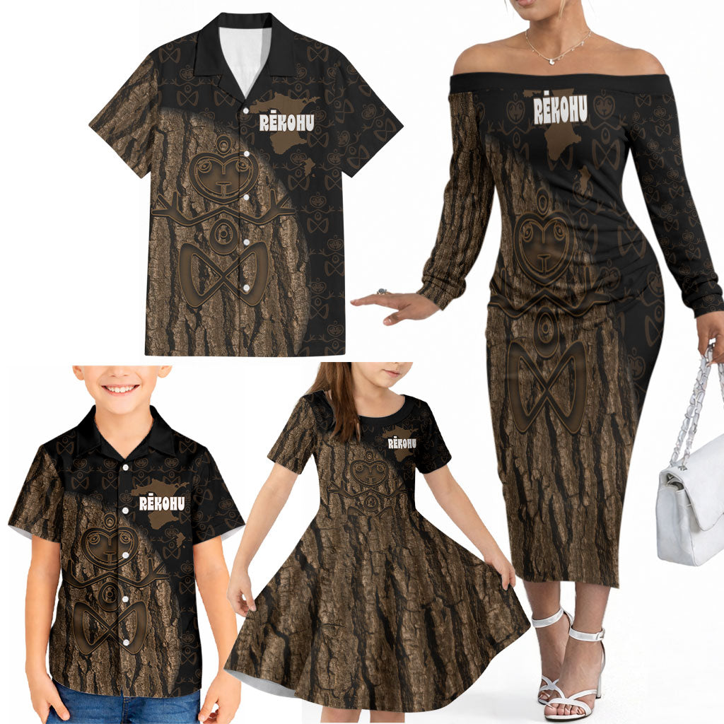 Moriori Kekoru New Zealand Personalised Family Matching Off The Shoulder Long Sleeve Dress and Hawaiian Shirt Kopi Rakau Carving Chatham Islands Map