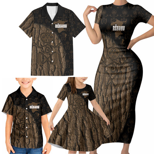 Moriori Kekoru New Zealand Personalised Family Matching Short Sleeve Bodycon Dress and Hawaiian Shirt Kopi Rakau Carving Chatham Islands Map