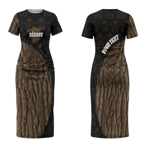 Moriori Kekoru New Zealand Personalised Family Matching Short Sleeve Bodycon Dress and Hawaiian Shirt Kopi Rakau Carving Chatham Islands Map