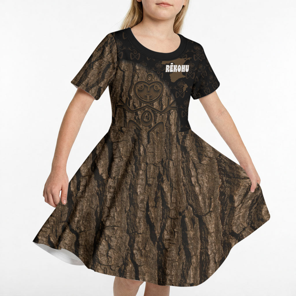 Moriori Kekoru New Zealand Personalised Kid Short Sleeve Dress Kopi Rakau Carving Chatham Islands Map