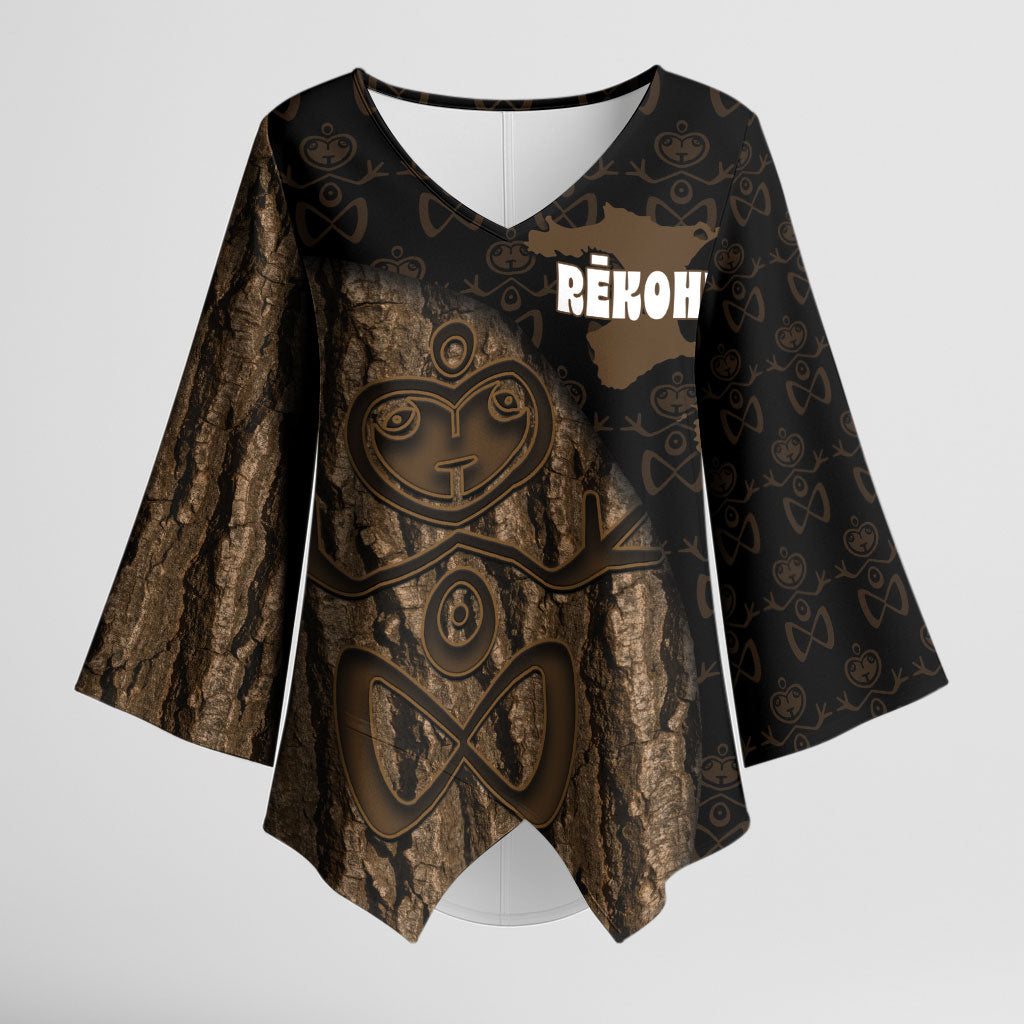 Moriori Kekoru New Zealand Personalised Kimono Sleeve Blouse Kopi Rakau Carving Chatham Islands Map