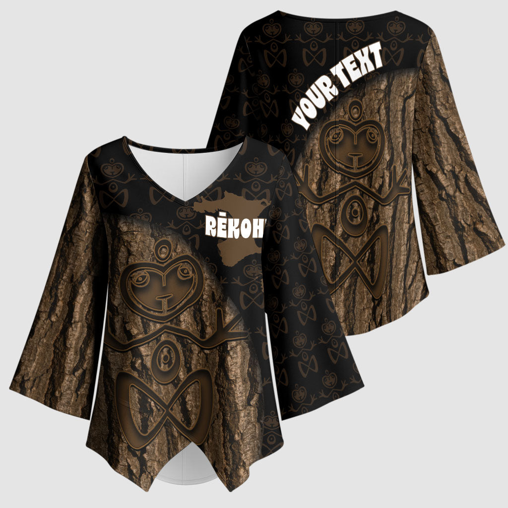 Moriori Kekoru New Zealand Personalised Kimono Sleeve Blouse Kopi Rakau Carving Chatham Islands Map