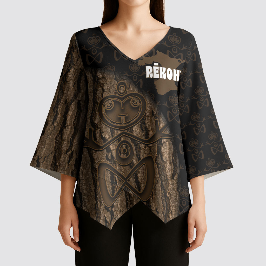 Moriori Kekoru New Zealand Personalised Kimono Sleeve Blouse Kopi Rakau Carving Chatham Islands Map